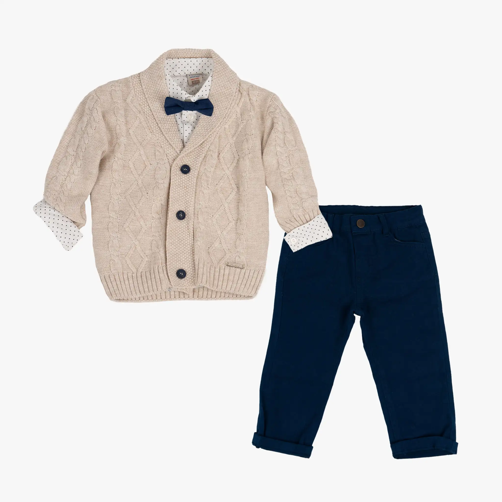 Boy Beige Cardigan & Blue Pants 3pc Set