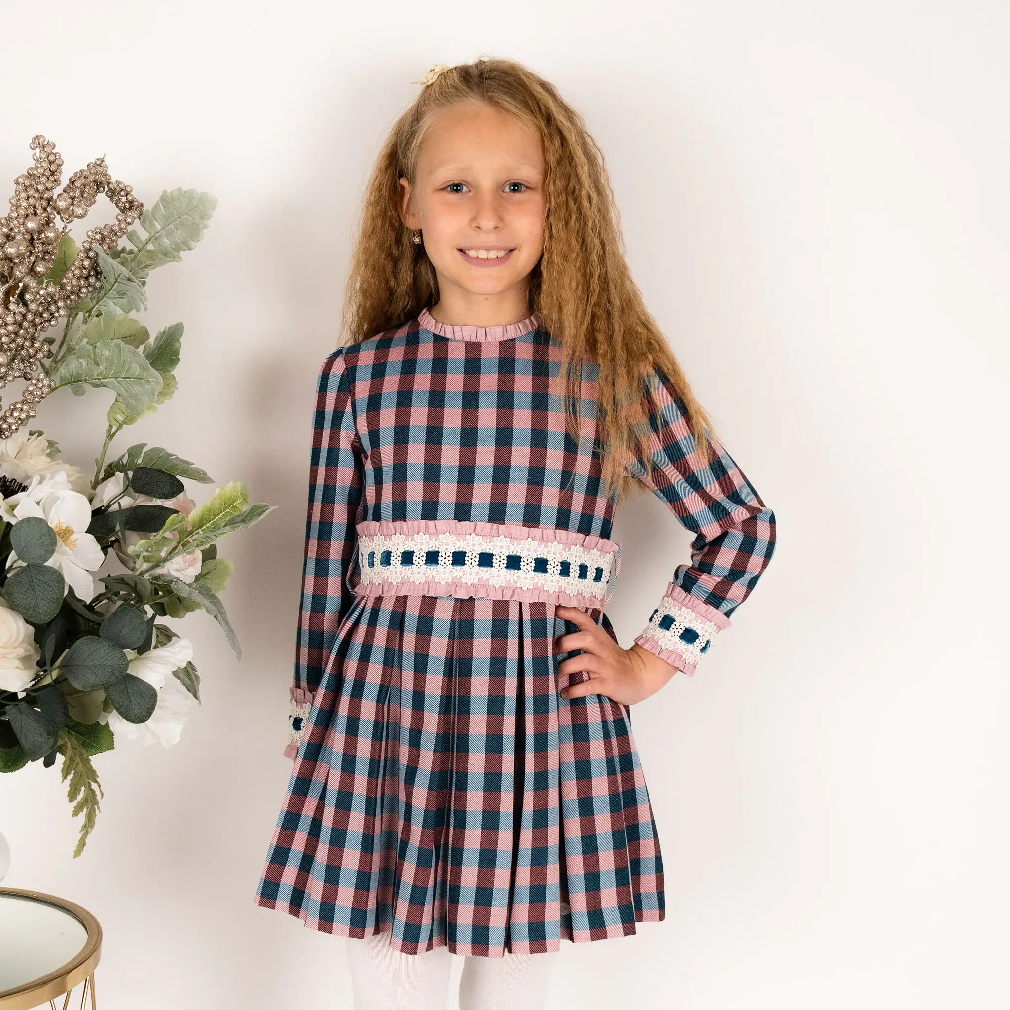 Girls Pink & Blue Check Pleated Dress