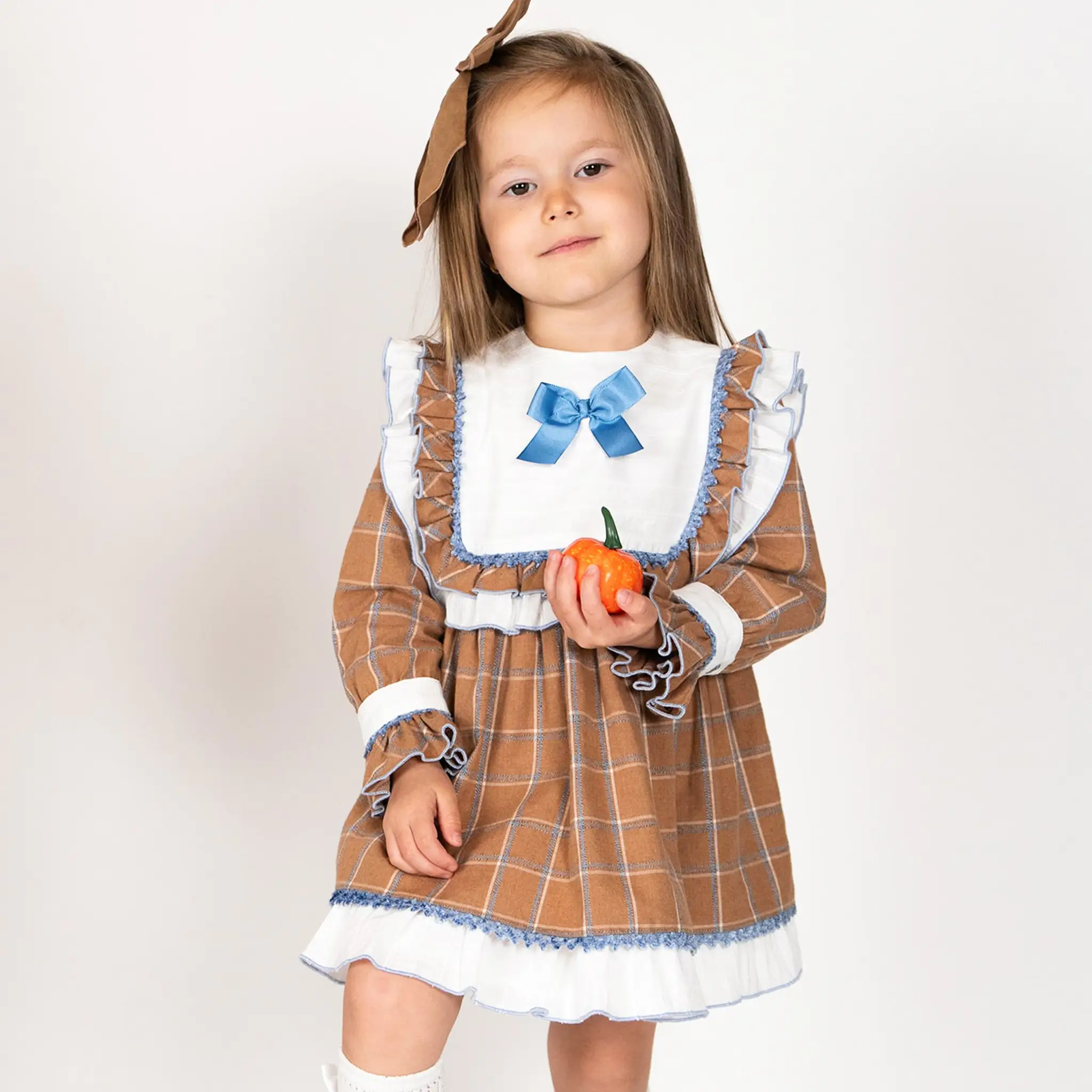 Girls Light Brown & White Check Dress