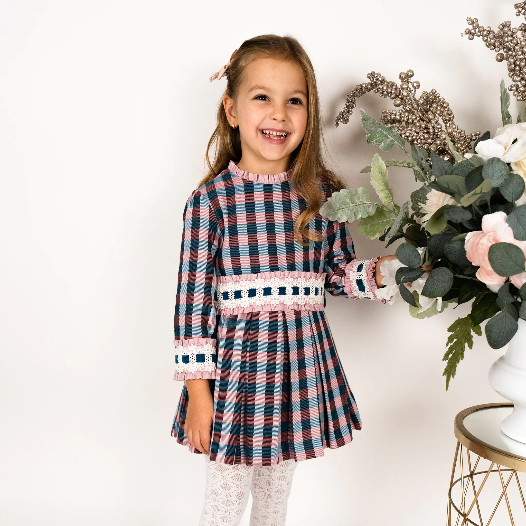 Baby Girl Pink & Blue Check Pleated Dress