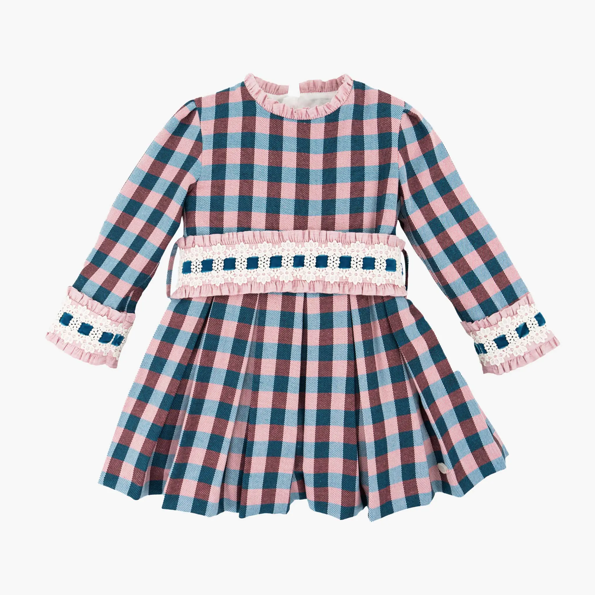 Girls Pink & Blue Check Pleated Dress