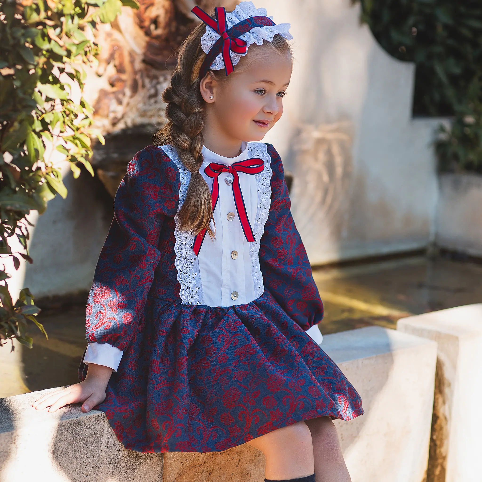 Girls Navy Blue and Red Jacquard Dress