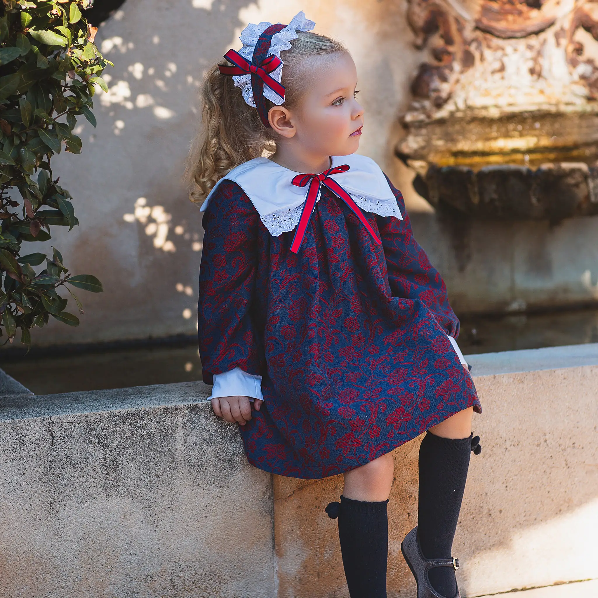 Baby Girls Blue and Red Jacquard Dress