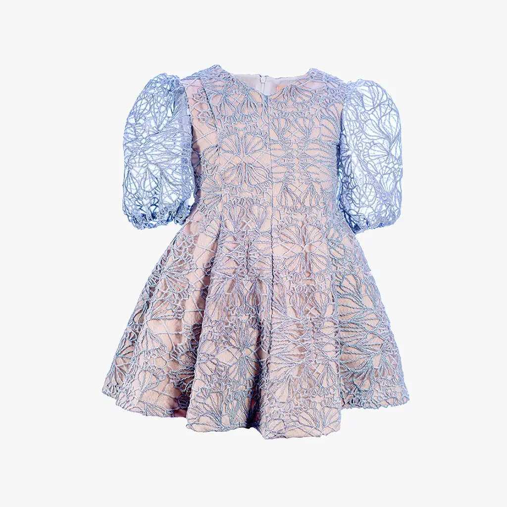 Girls Cream-Blue Embroidered Dress