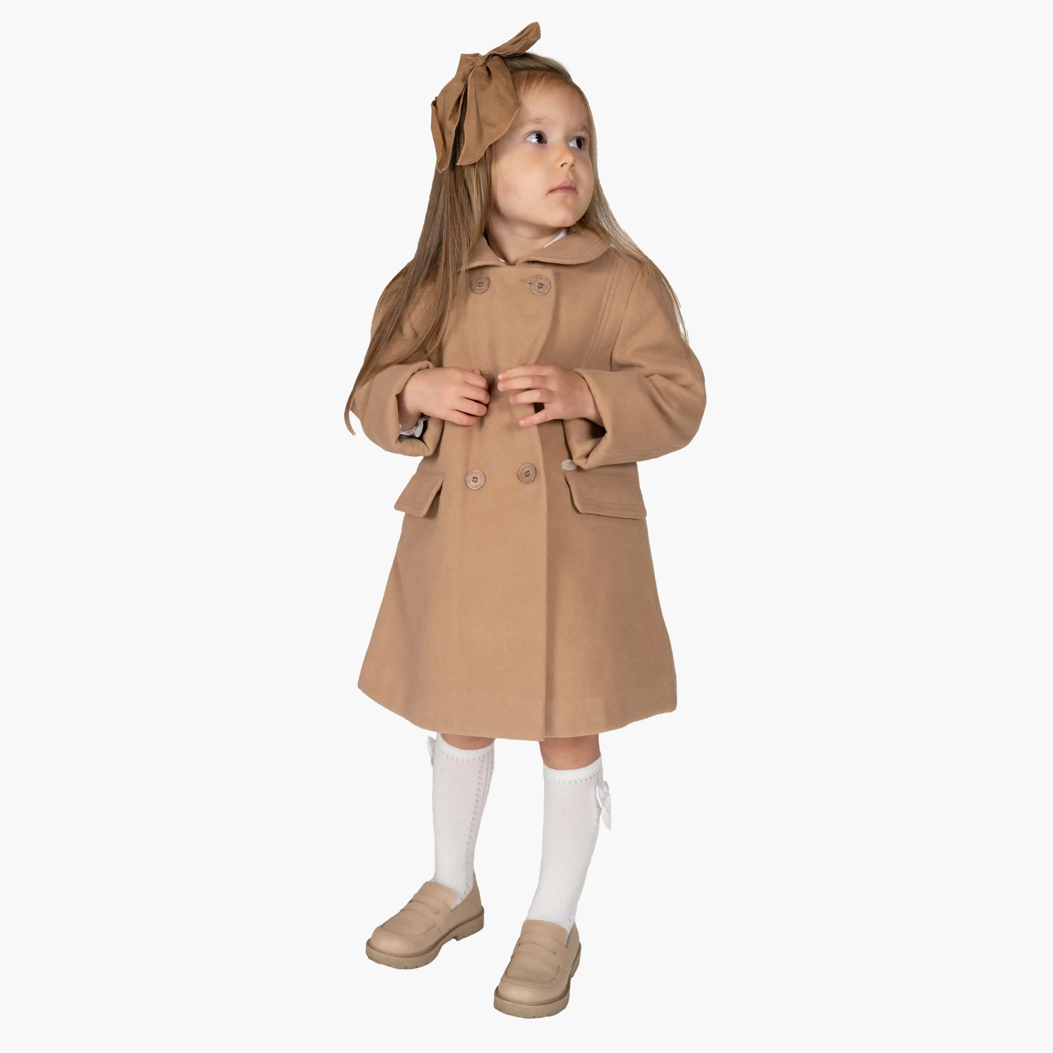 Girls Beige Felt Double-Breasted Coat
