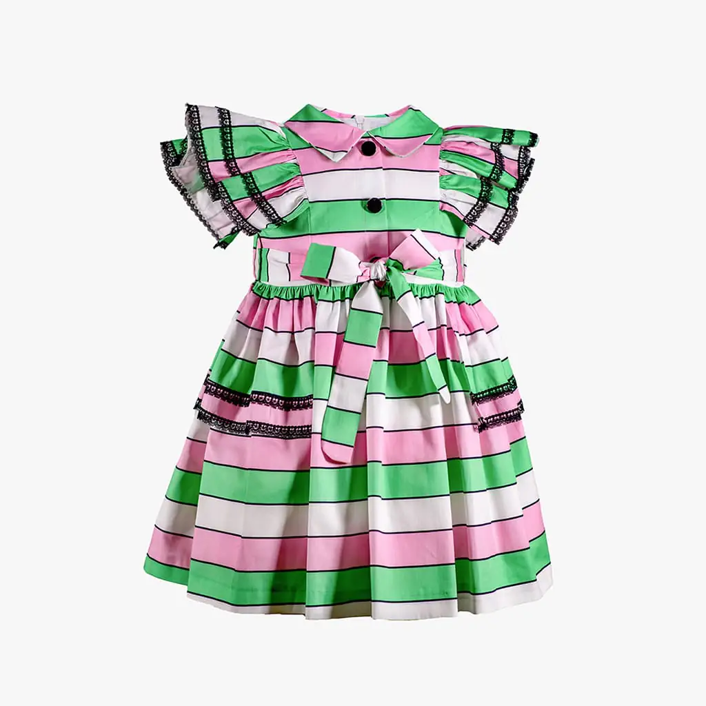 Girls Green Striped Dress