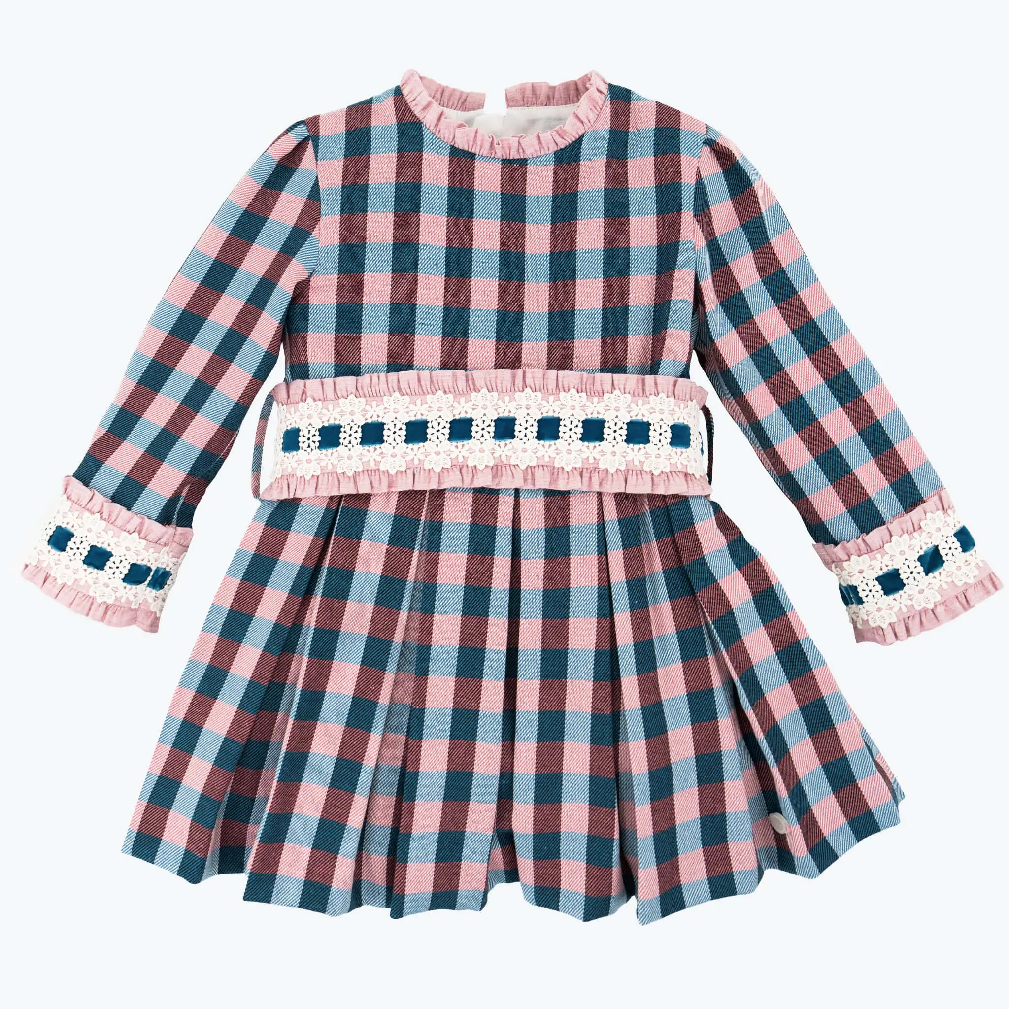 Girls Pink & Blue Check Pleated Dress