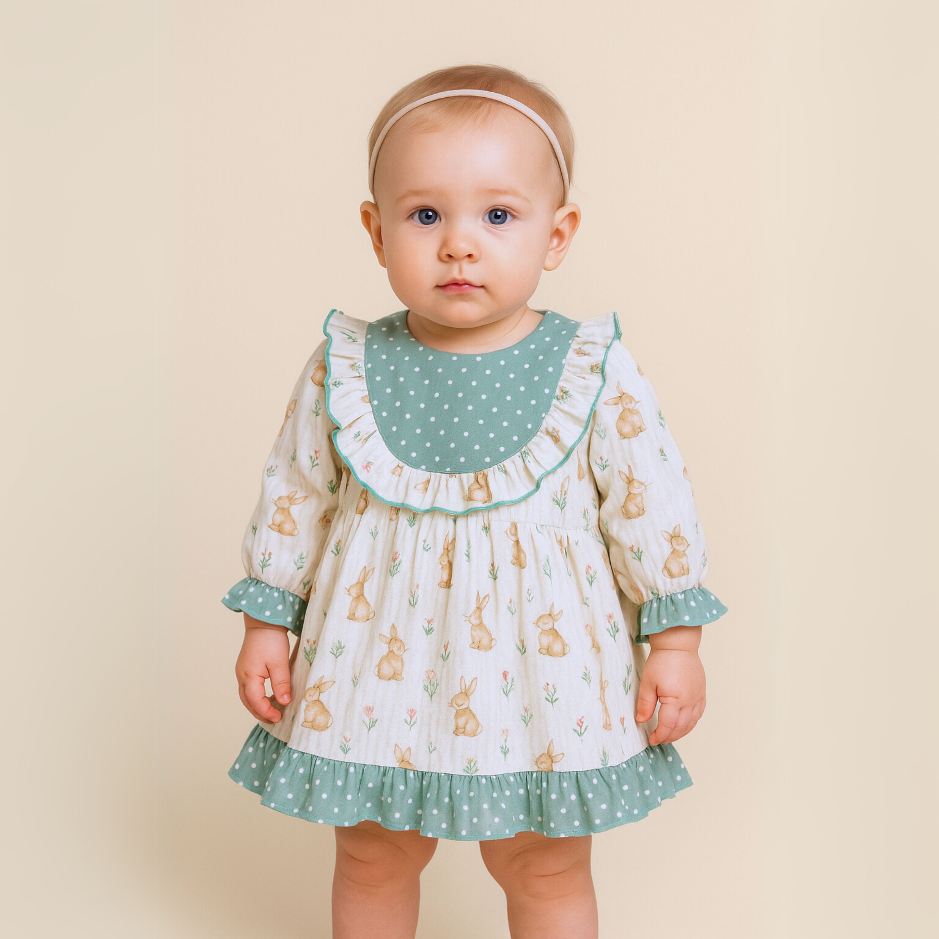 Baby Girl Ivory & Green Cotton Dress