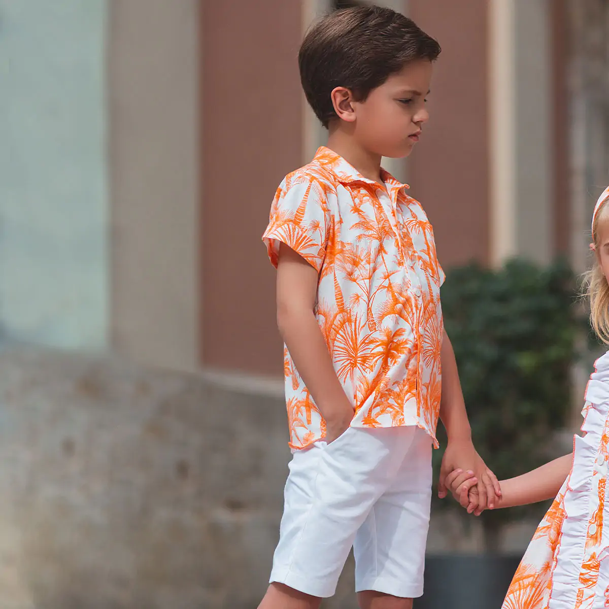 Boys Orange Floral Cotton Shorts Set