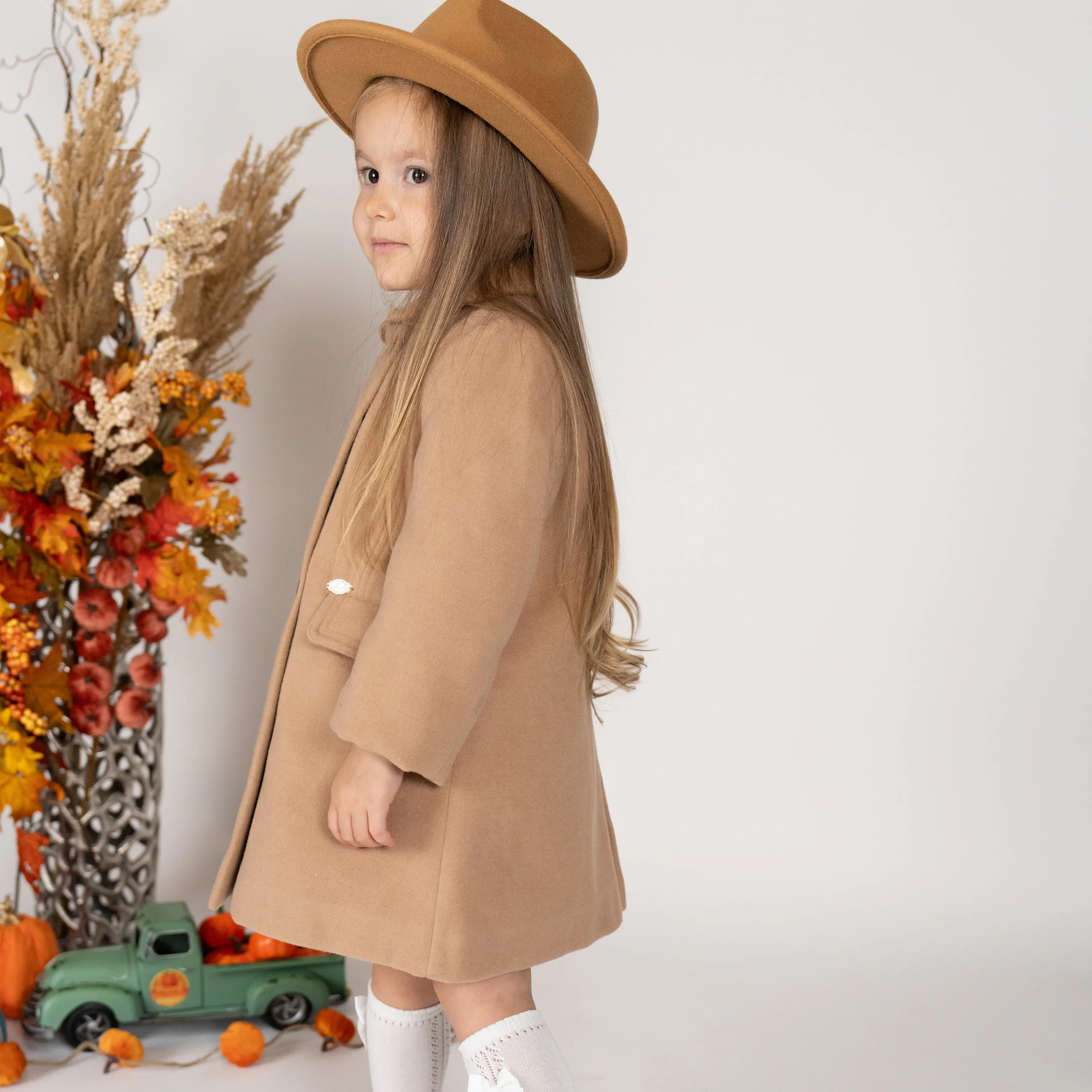 Girls Beige Felt Double-Breasted Coat