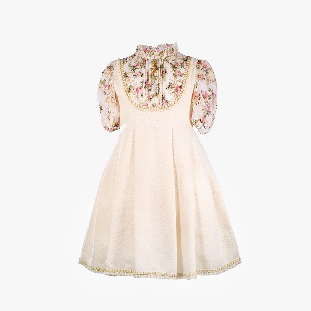 Girls Ivory Floral Woven Dress