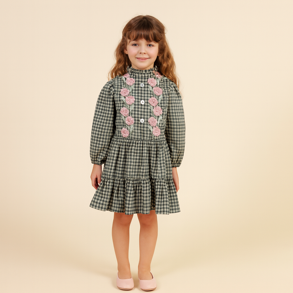 Girls Green Gingham & Pink Flower Dress