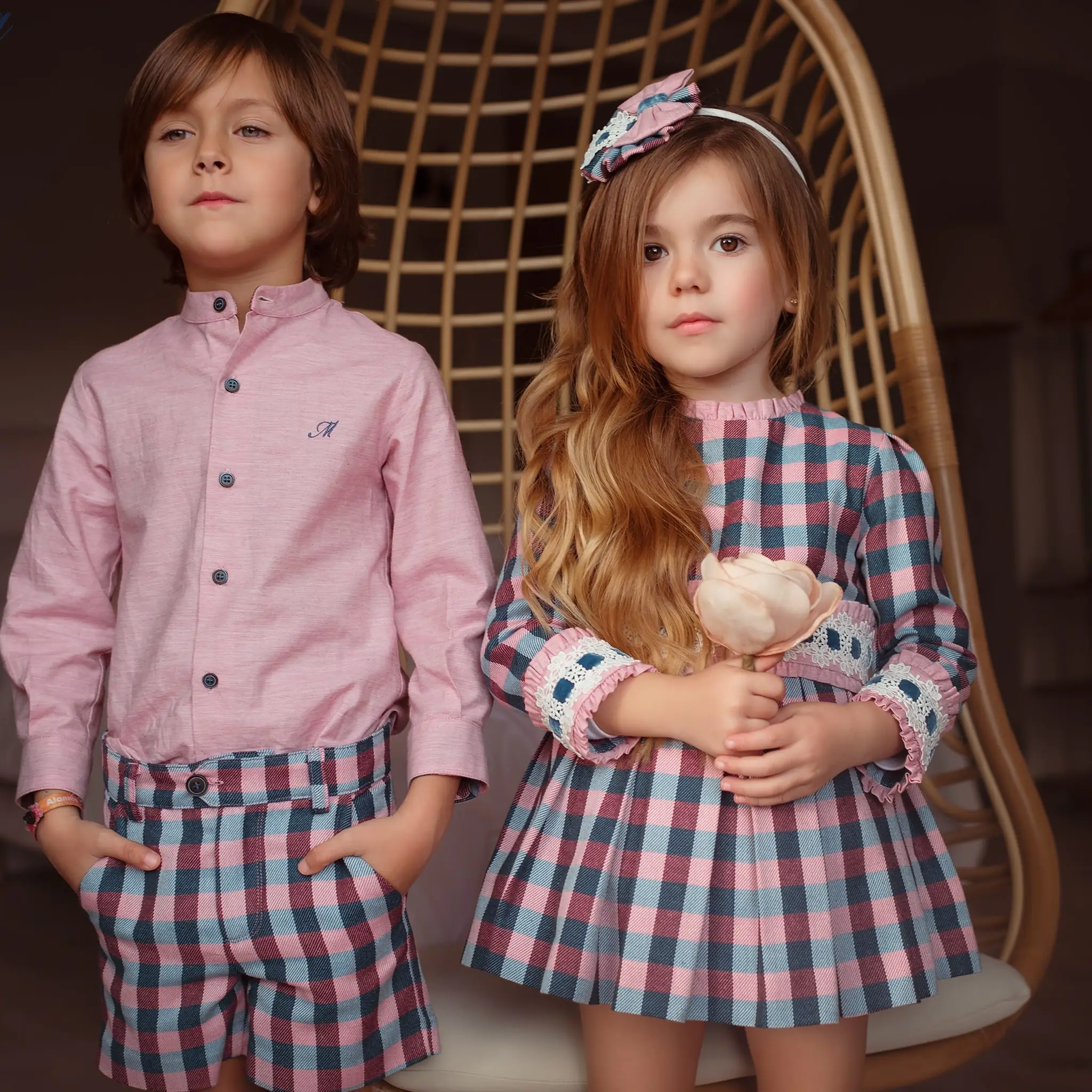 Girls Pink & Blue Check Pleated Dress