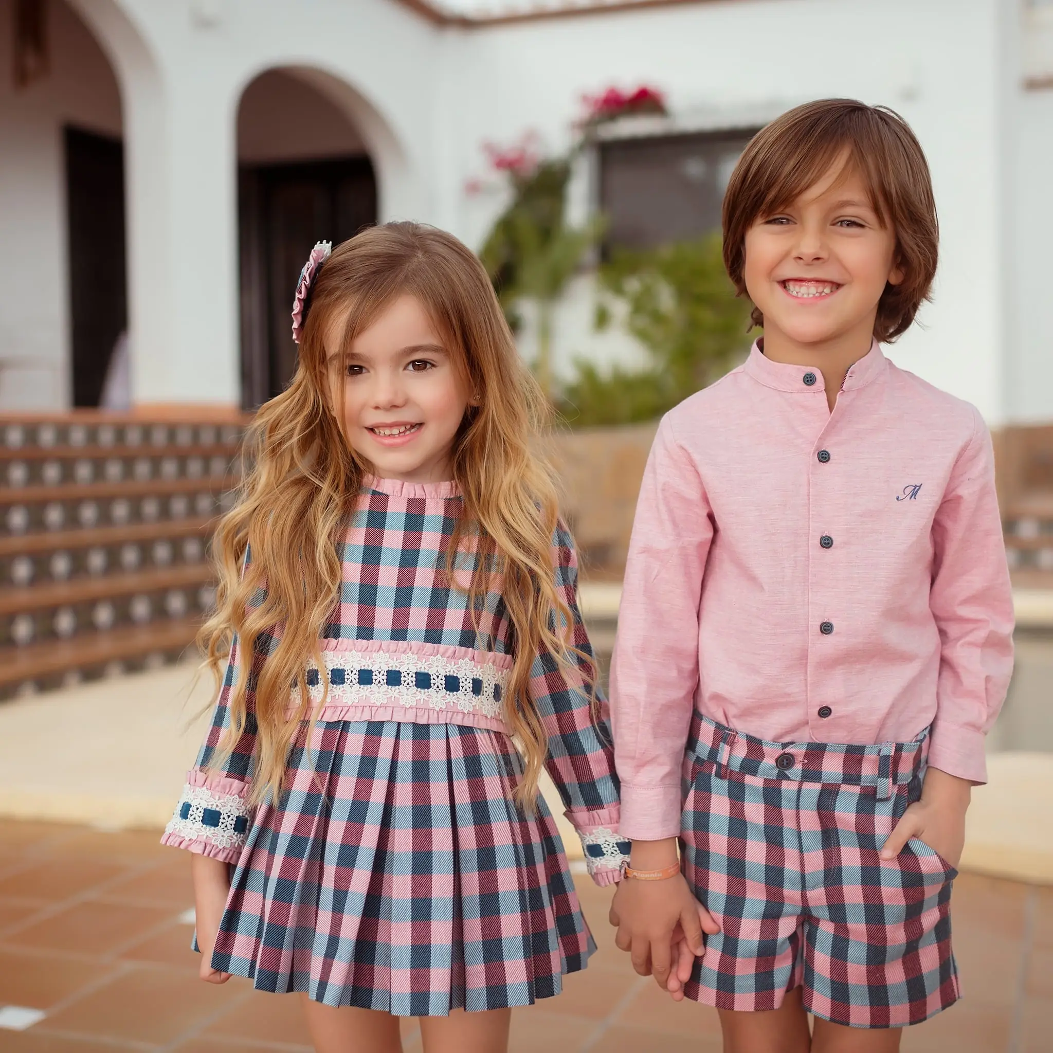 Girls Pink & Blue Check Pleated Dress