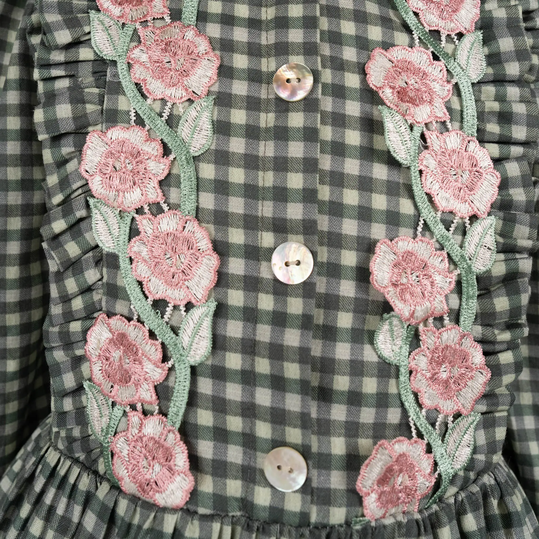 Girls Green Gingham & Pink Flower Dress