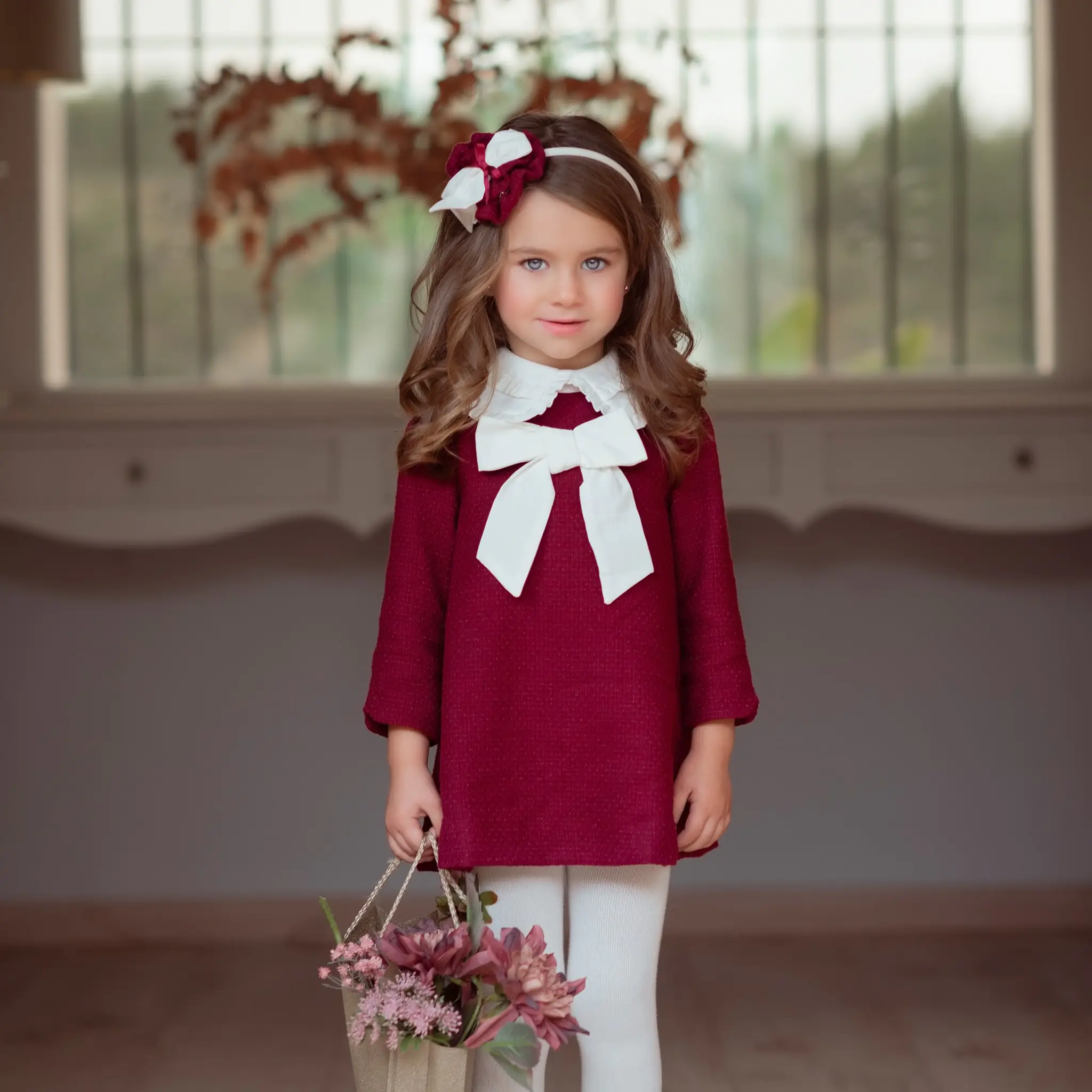Girls Burgundy Cotton Tweed Bow Dress