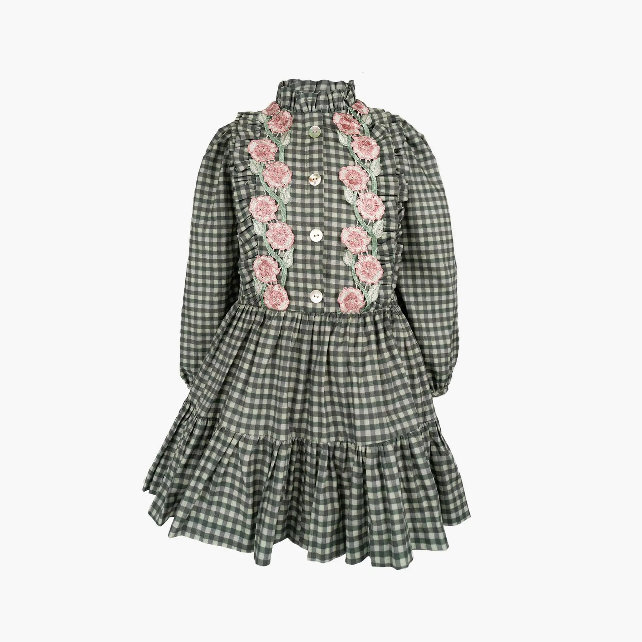 Girls Green Gingham & Pink Flower Dress