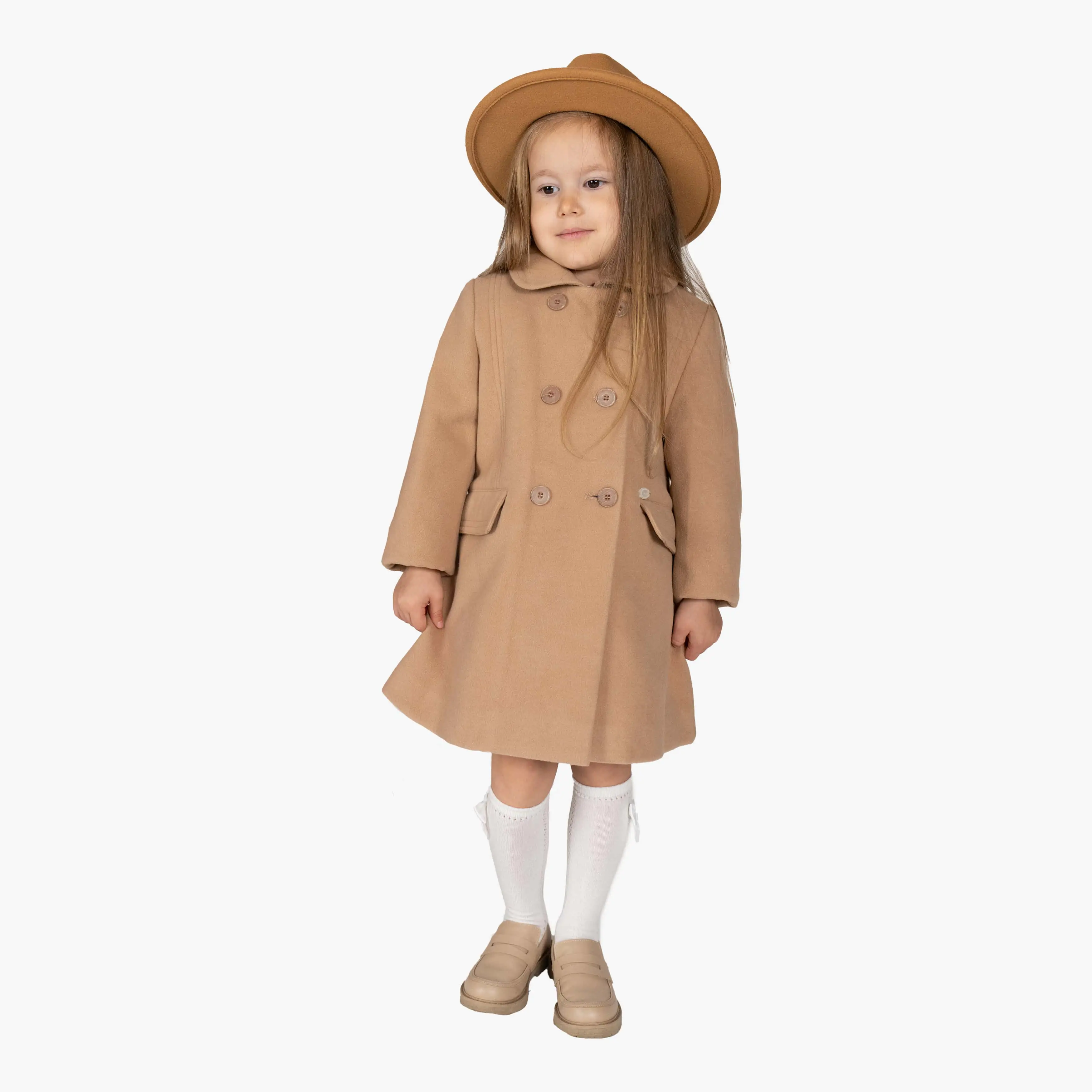 Girls Beige Felt Double-Breasted Coat