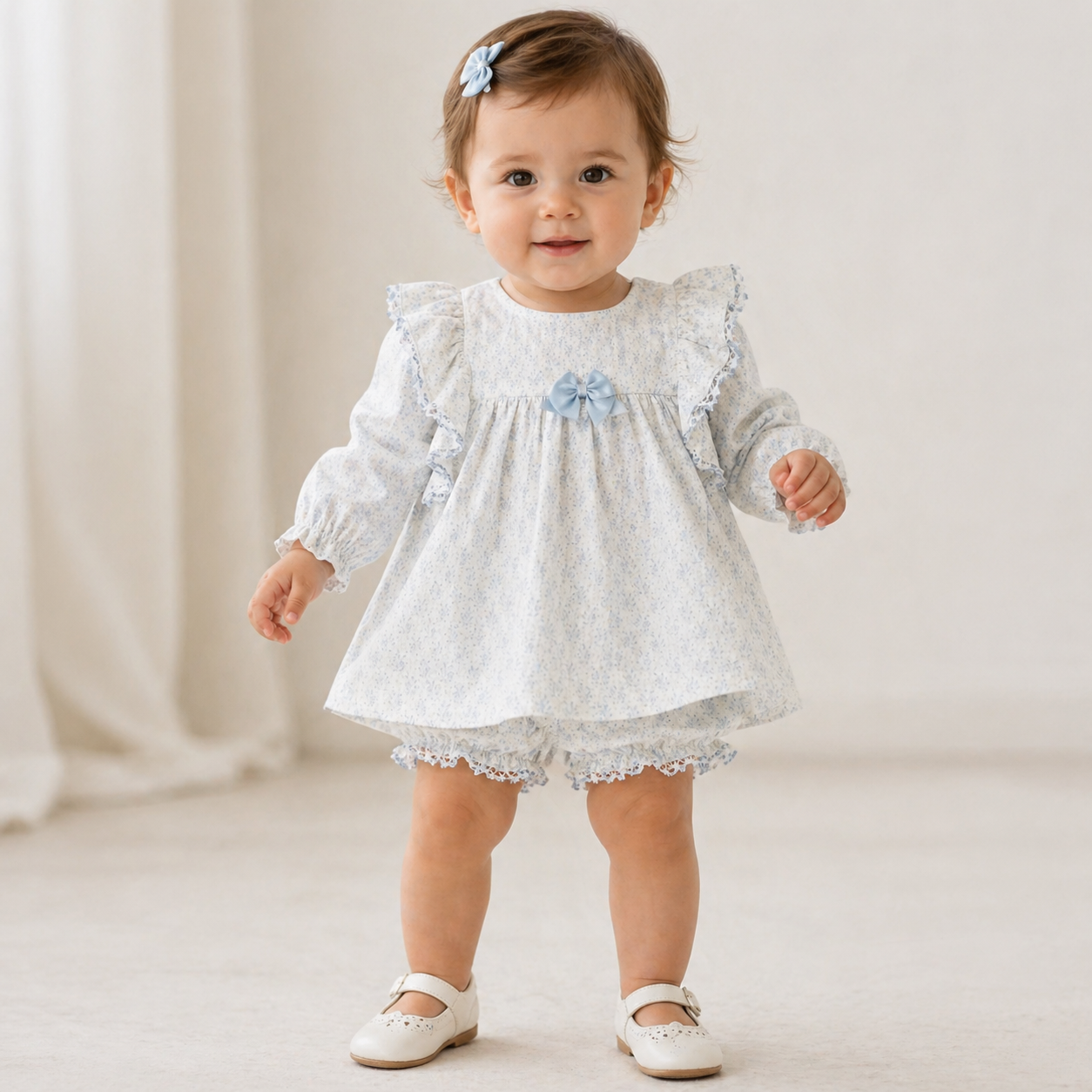 Baby Girl Light Blue Cotton Dress & Shorts Set