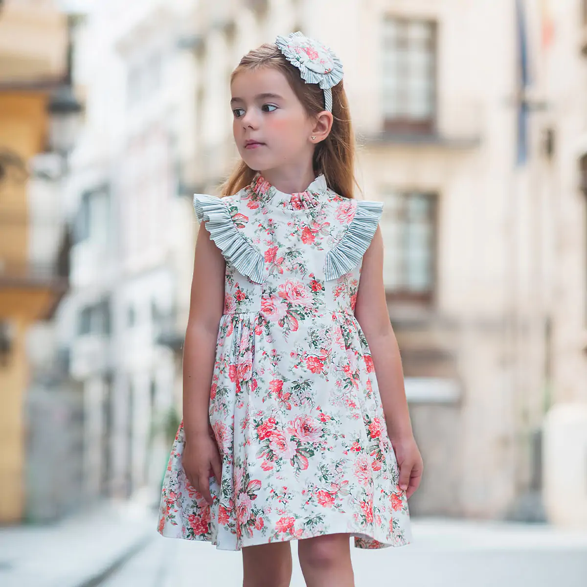 Girls Pink, Red and Green Floral Cotton Dress