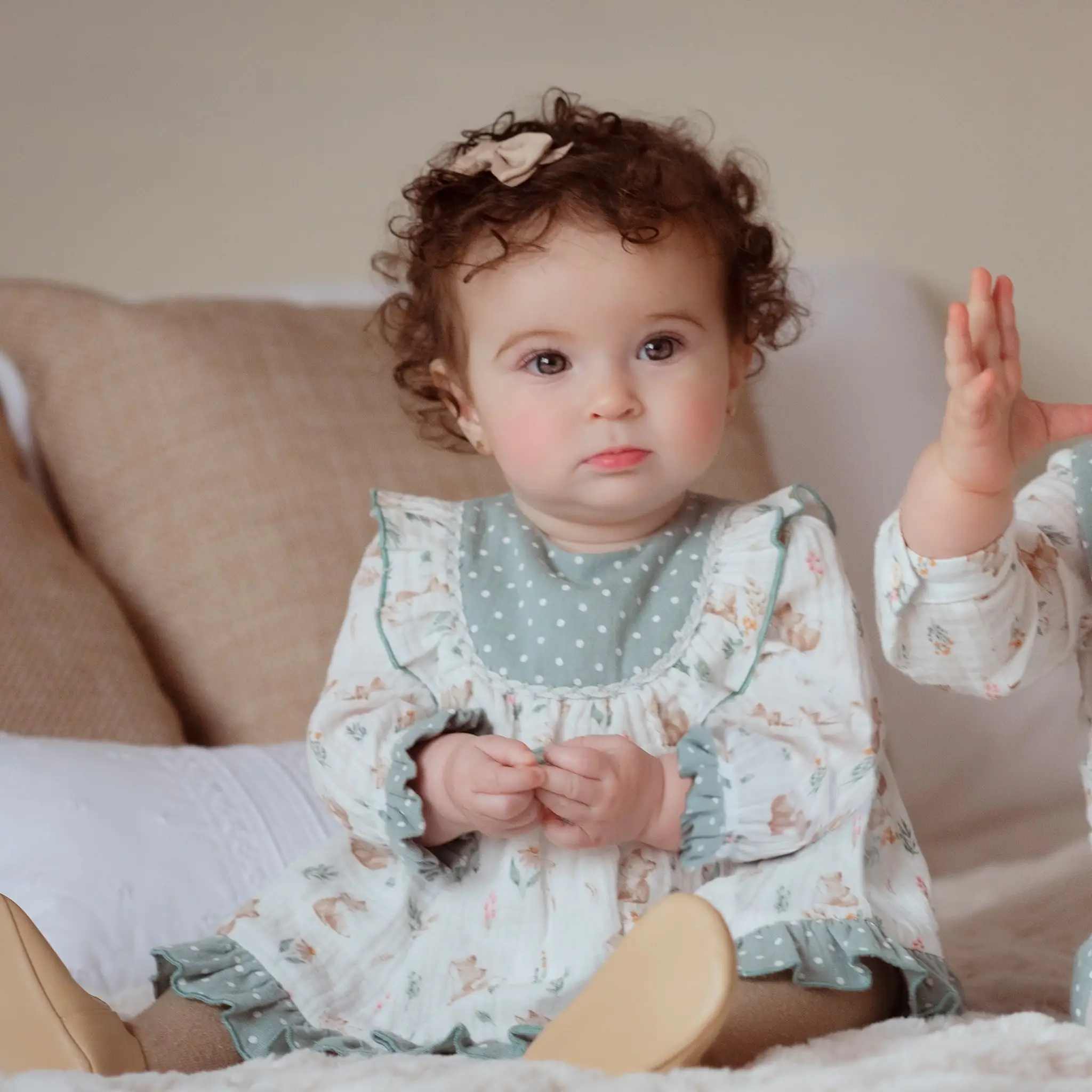 Baby Girl Ivory & Green Cotton Dress