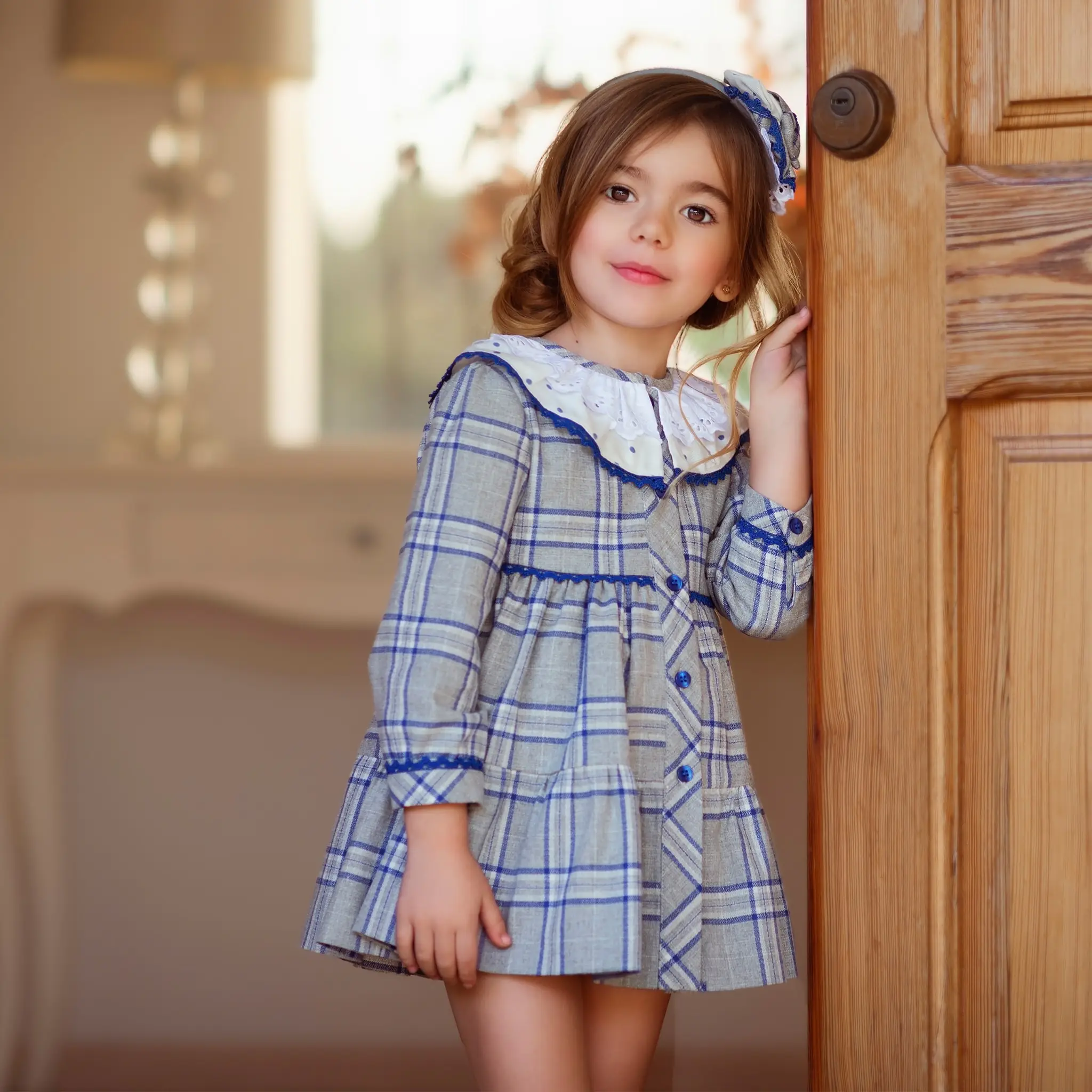 Girls Gray & Blue Check Dress