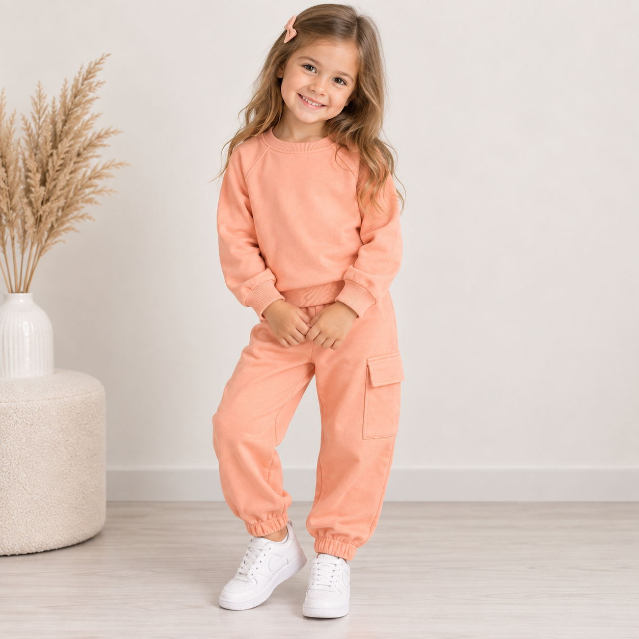 Girls Peach Cotton Tracksuit Set